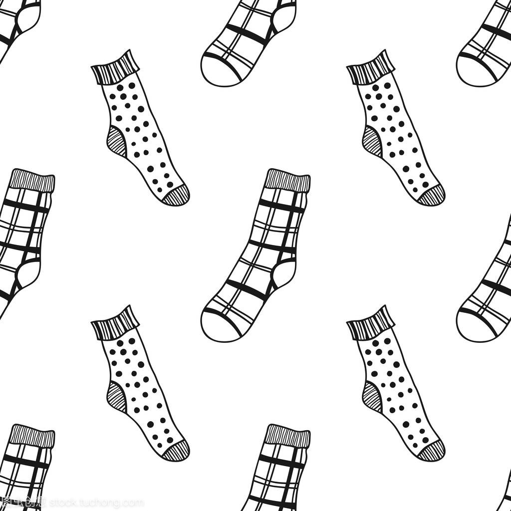 襪子。黑白無縫圖案, 用于著色書籍和頁面。針織服裝。矢量插圖